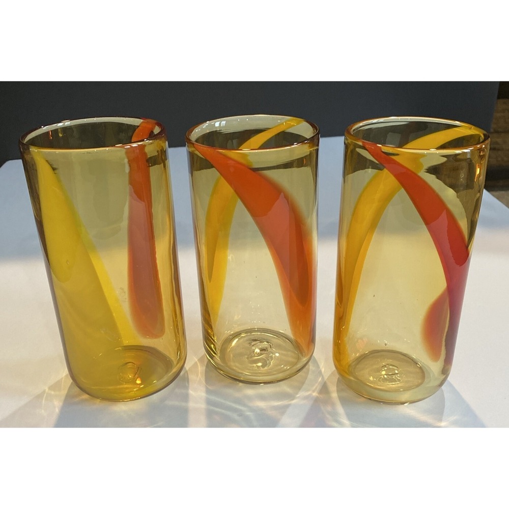Handblown Glass Amber Glasses Orange and Red Set Of 3 6" Pier 1 One Autumn